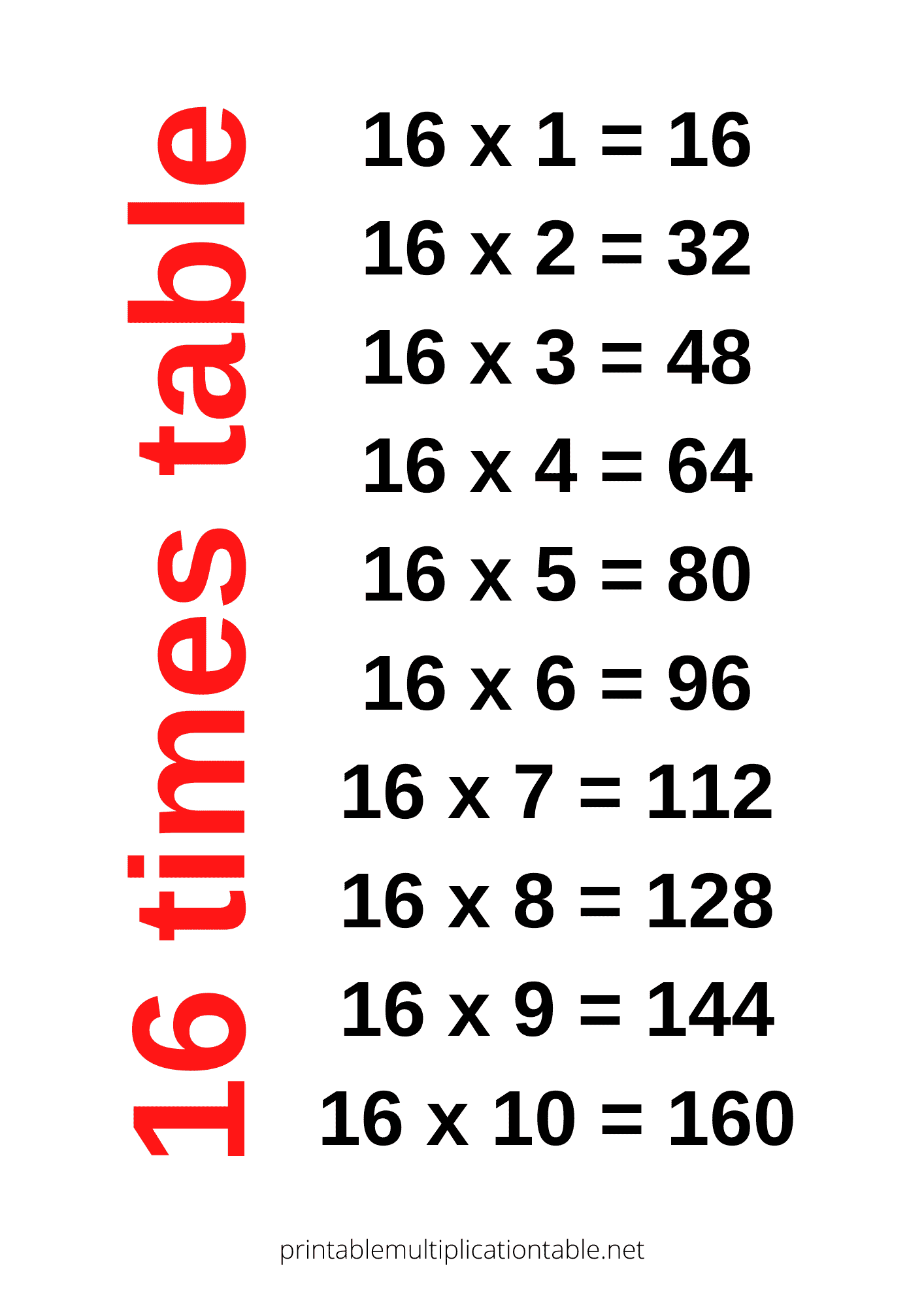 16 times table chart