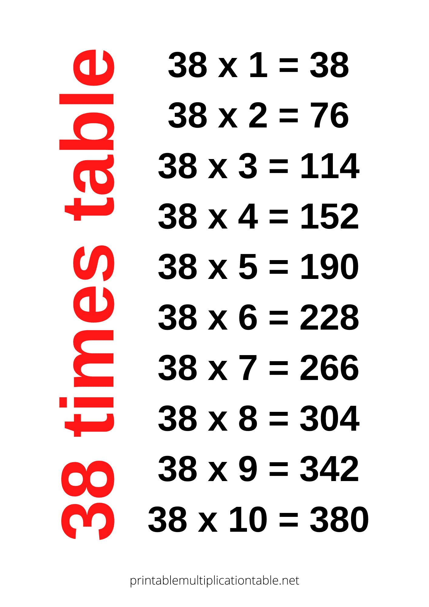 38 times table chart