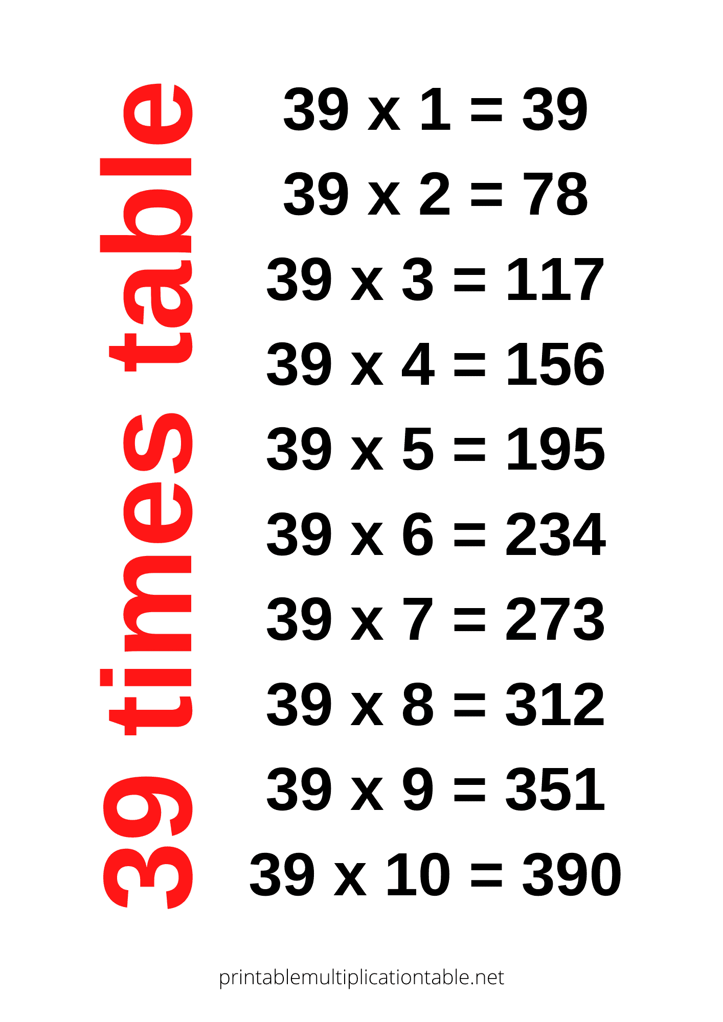 39 times table chart