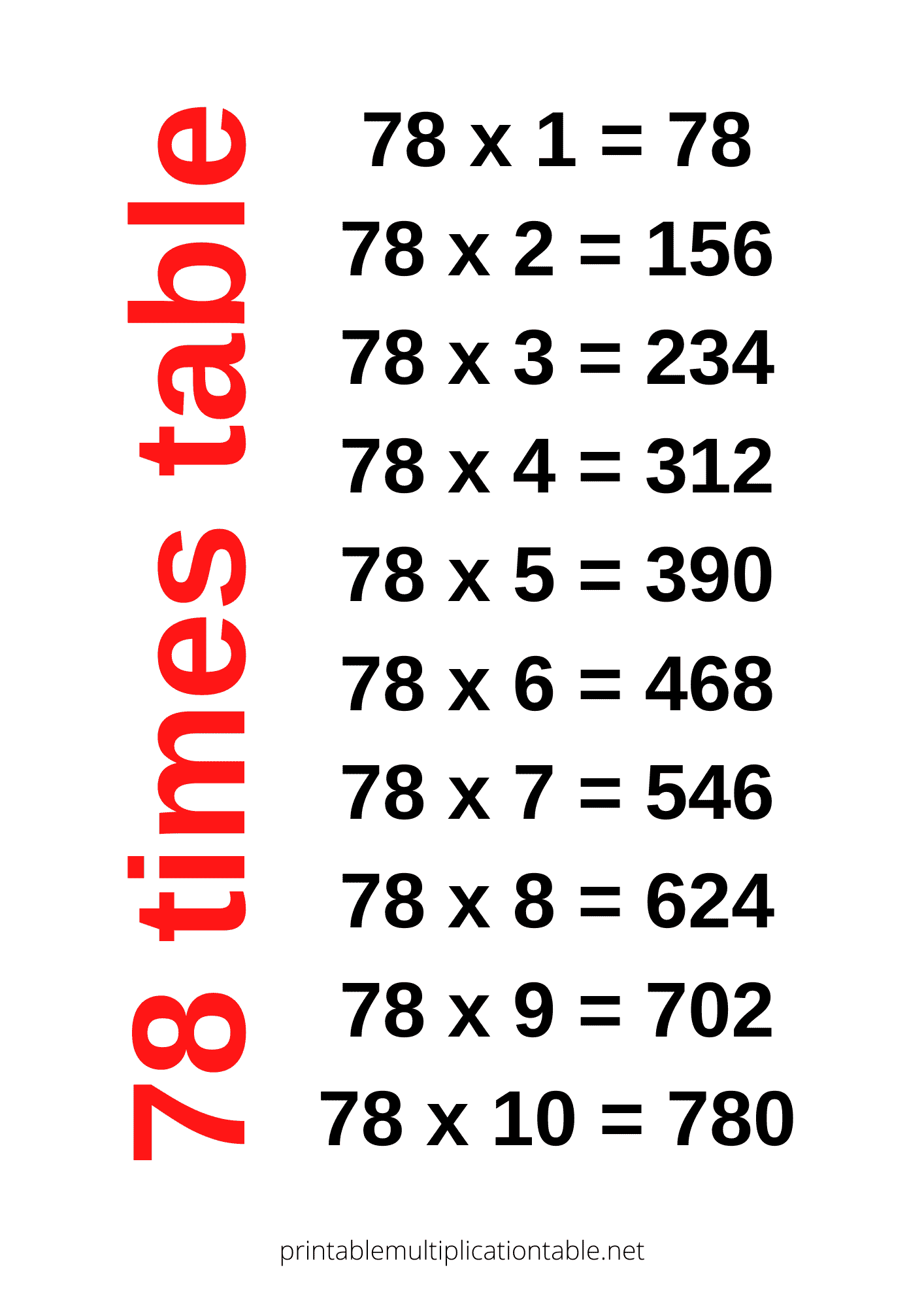 78 times table chart