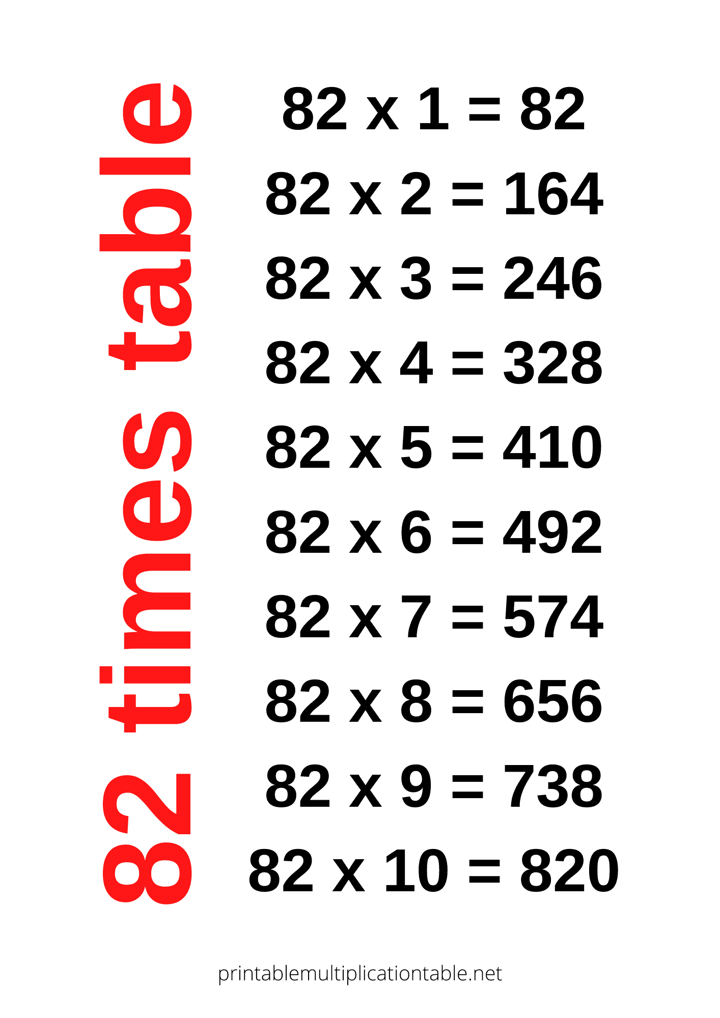 82 times table chart