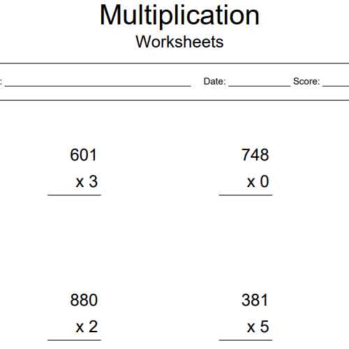 Printable Multiplication Worksheets (three digits by 1 digit)